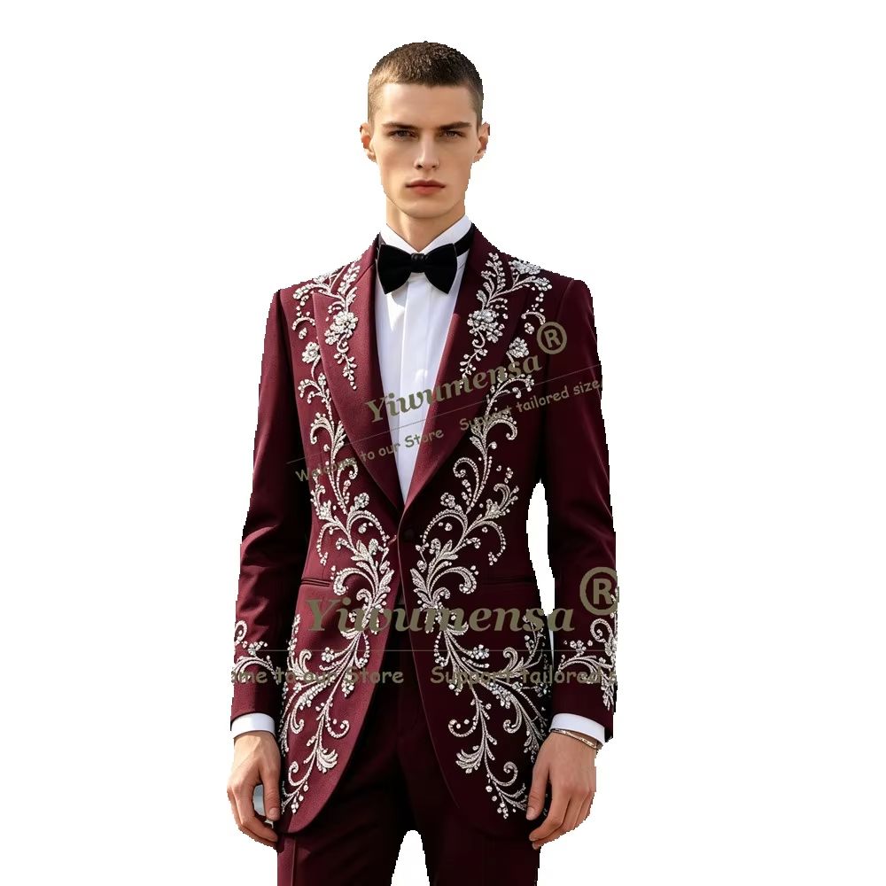 Men'S Formal Dinner Wear - بدلات رجالية فاخرة مزينة بالكريستال، طقم